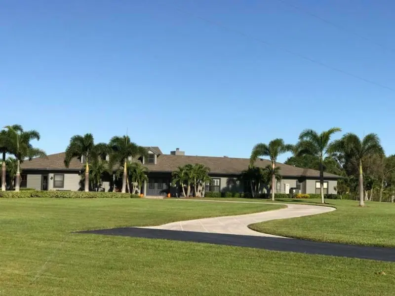 Single-story shingle roof home on a wide open lot with palms